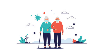 Elderly couple wearing protective masks walking together outdoors during a pandemic