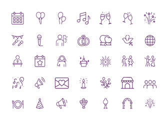 Event Celebration Planning Icon Set, Party Festival Wedding Anniversary, Balloons Music Decoration Microphone Organizer Vector Illustration, adjustable line weight, birthday ceremony corporate