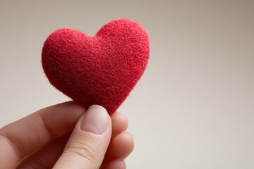 Fototapeta premium A small, plush red heart is held delicately in a hand against a neutral backdrop.