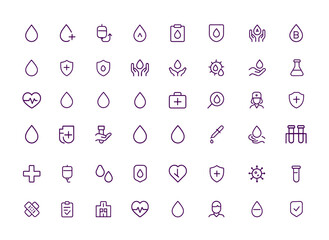 Blood drop icon set, health vector with adjustable line weight, donation, transfusion, shield, medical care, blood type, heart rate, protection, clinical analysis, laboratory safety, diagnostic