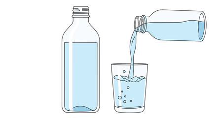 Clear water is poured from one bottle into a clean glass with refreshing bubbles showing the purity and clarity of the liquid