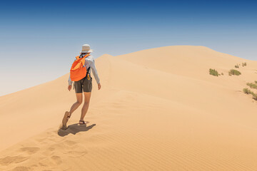 Female tourist walking up a sunlit sand dune in the vast desert, enjoying the warm summer day and...