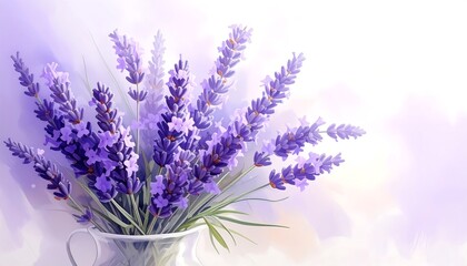 Obraz premium A delicate bouquet of lavender blossoms in a clear vase, showcasing soft pastel colors and a gentle ambiance.