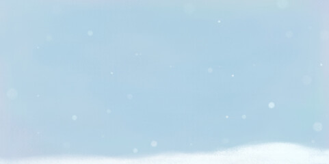 くすんだ水色の水彩で描かれた冬の空に雪が降る背景イラスト
