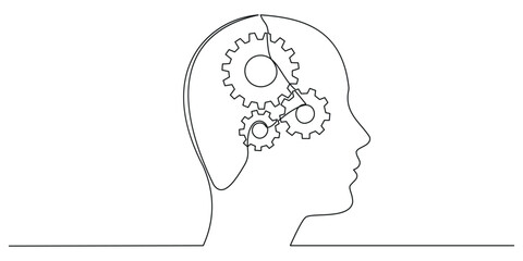 Continuous one-line drawing of a human head with a brain and gear inside. Outline contour vector illustration symbolizing technological progress. Single-line artificial intelligence drawing.