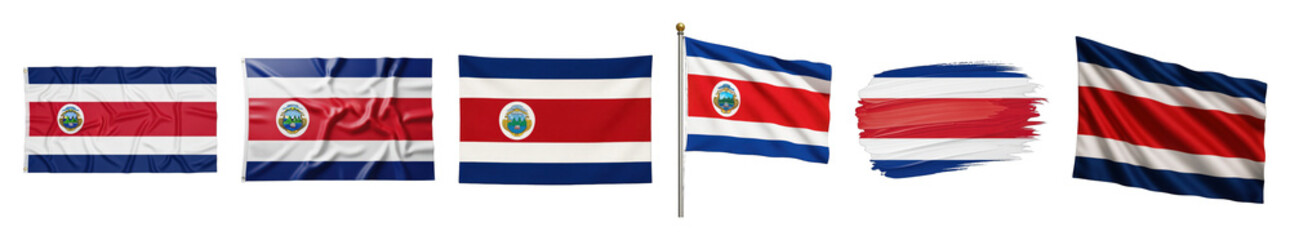 Naklejka premium Costa Rica flag set including flat, wavy, on pole, and brushstroke styles isolated. National symbol and country representation.