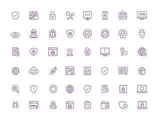 Cybersecurity Vector Icon Set, Adjustable Line Weight, Shield, Padlock, Firewall, Password, Encryption, VPN, Privacy, Hacker, Malware, Data Protection, Internet Safety, Security Illustration