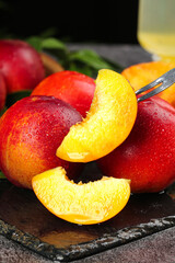 Fresh Red-Skinned Nectarines with Yellow Flesh Sliced on Wooden Board - Shanxi Province Stone Fruit