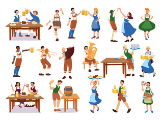 Cheerful Oktoberfest characters in Bavarian costumes dancing playing music serving beer and food with pretzels steins waiters servers and couples celebrating