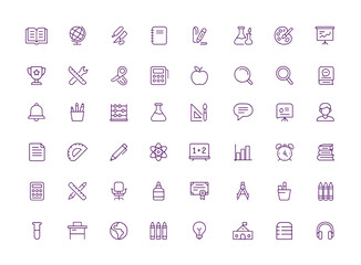 Education Vector Icon Set, Learning Symbols, School Supplies, Book, Globe, Calculator, Backpack, Chemistry, Art, Presentation, Trophy, Classroom Tools, Study, Adjustable Line Weight, Academic