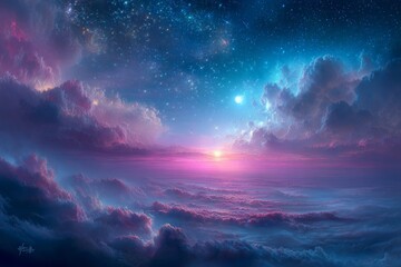 Fototapeta premium A breathtaking panoramic view of a celestial landscape with vibrant clouds, a luminous sunrise, and countless stars.