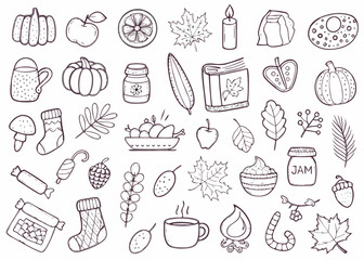 Hand drawn autumn icons collection with pumpkins leaves and hot drinks