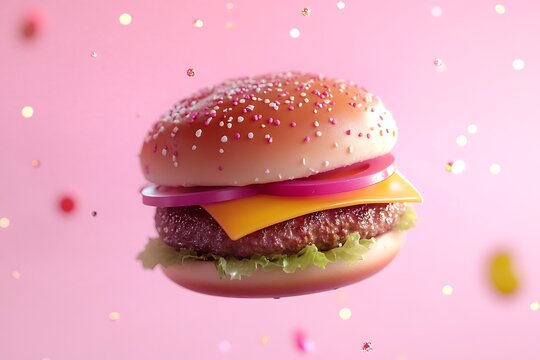Cartoon cheeseburger with a glossy finish, floating against a pastel pink background, surrounded by cute sparkles 