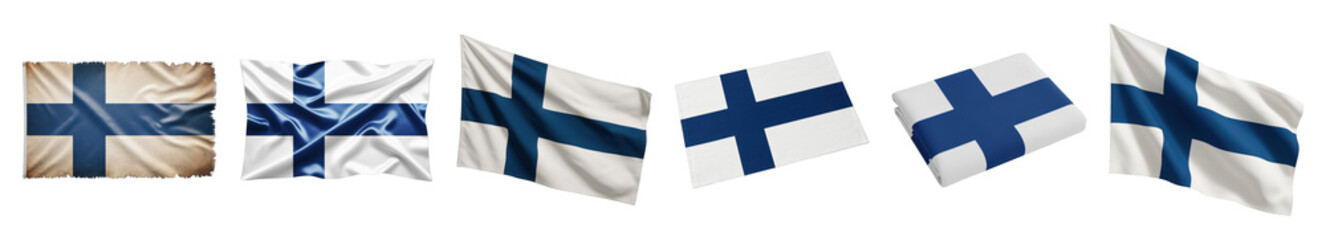 Fototapeta premium Finland flag set including distressed, silky, folded, flat, and waving versions isolated. National symbol and country identity.