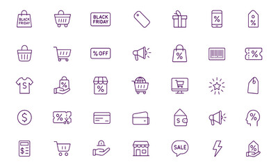 Black Friday Sale Icon Set Vector, Shopping Discount Cart Tag Receipt, Ecommerce Mobile Barcode Megaphone Retail Online Promo Coupon, Clearance Offer Digital Marketing Illustration