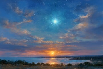 A vibrant sunset paints the sky above a serene lake, with a brilliant celestial body illuminating the horizon.