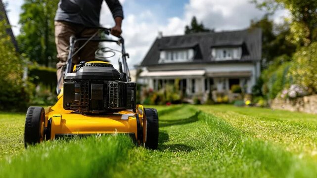 Person mowing bright green lawn with lawn mower in a residential garden, showcasing a well-maintained landscape and sunny day ambiance