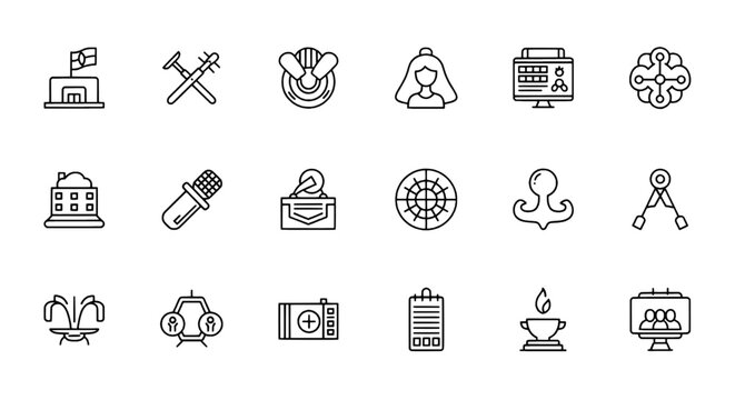 Collection of Outlined Icons Representing Diverse Symbols and Concepts
