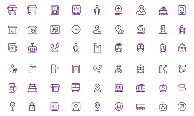 Public Transport Vector Icon Set, Train, Bus, Metro, Tram, Ship, Ticket, Station, Route, Commute, Schedule, Navigation, Terminal, Urban Travel, Adjustable Line Weight, Transit, Journey, City Mobility