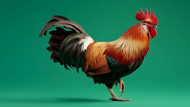 Rooster strutting in studio against green backdrop in vibrant colors