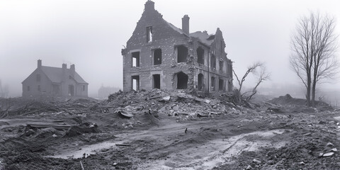 Black and white photograph captures ruins left by forces after withdrawal during World War. Collapsed buildings with scattered debris show devastation. Documentary chronicle shoots of human stupidity