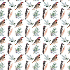 Fototapeta premium Watercolor Christmas seamless pattern with downy woodpecker, northern flicker, and bouquets of winter plants, hand-painted. Perfect for wrapping paper, fabric, holiday cards, invitations, and festive 