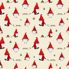 Cozy winter holiday repeating pattern with gnomes, sleds, and Christmas trees. Hand-drawn festive wallpaper.