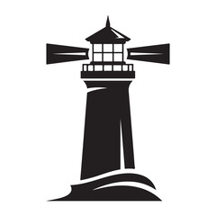 Stylized Black Lighthouse Icon with Radiating Light Beams and Ocean Waves