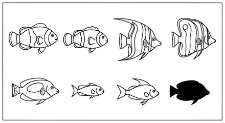 Fototapeta premium Collection of Tropical Fish Line Art Icons