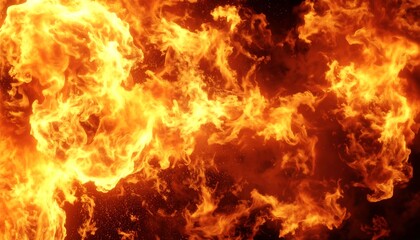 Fiery close-up showcases swirling flames with intense hues. Smoke billows and sparks dance. Dark backdrop adds drama
