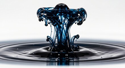 A striking image of a dark blue liquid drop collision, creating a mushroom-like shape with ripples in the surrounding water.