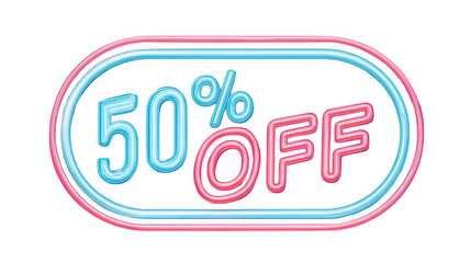 Bright neon 50% OFF sale sign on black background.