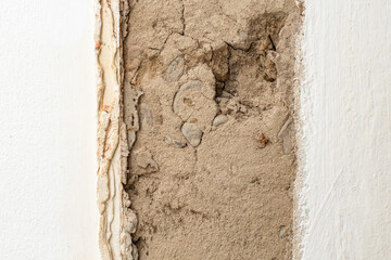 Demolition of a brick and cement  wall   , abstract textures with copy space