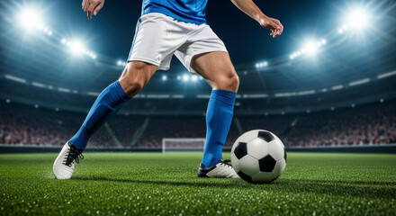 Naklejka premium Professional Soccer Player Demonstrates Dribbling Skills on Lush Green Field Under Stadium Lights
