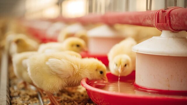 Yellow chicks drinking water in a poultry farm setting indoors