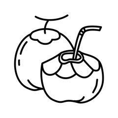 Simple black and white line art drawing of coconut drink in clean, minimal style on white background	