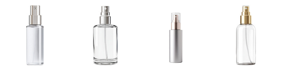 Spray Bottle Collection. Clear and Silver Cosmetic Packaging Mockups.