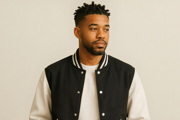 Obraz premium Stylish man wearing varsity jacket studio fashion portrait