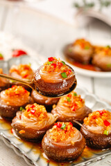Steamed Shiitake Mushrooms with Vermicelli Noodles and Colorful Toppings in Shallow Serving Dish