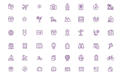 Travel Vacation Holiday Icon Set Vector, Adjustable Line Weight, Plane, Beach, Cruise, Camera, Passport, Suitcase, Compass, Sun, Cocktail, Resort, Flip Flops, Adventure, Relax, Trip, Explore, Journey