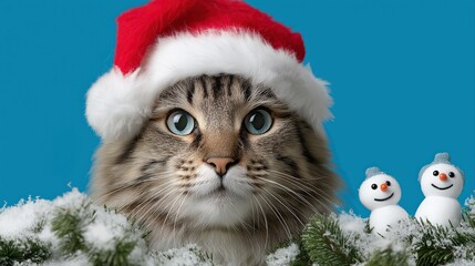 Cat wearing santa hat with snowmen and pine branches against blue background