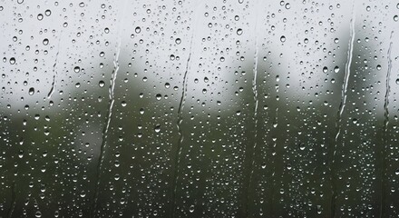Raindrops on a windowpane, blurring a view of trees on an overcast day.