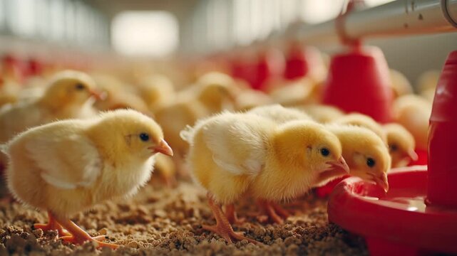 Yellow chicks drinking water on a farm in a bright indoor setting