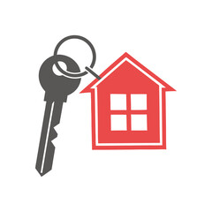 Red house icon with grey key on white background home real