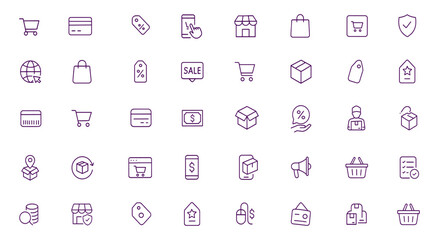 Shopping Icon Vector Illustration, Online Store Icon Set, Cart, Payment, Credit Card, Checkout, Secure Transaction, Delivery, Purchase, Product, Discount, Receipt, Sale, Offer, E-Commerce