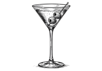 Cocktail Martini Glass With Olives Illustration Black and White on Transparent Background