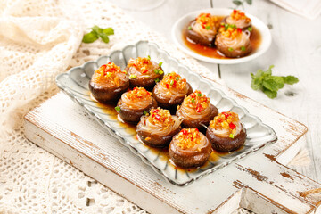 Steamed Shiitake Mushrooms Stuffed with Vermicelli Noodles Asian Appetizer Dish