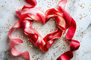 red ribbon heart and pink satin ribbon create romantic decoration with love concept, valentine’s day theme and elegant background with marble texture