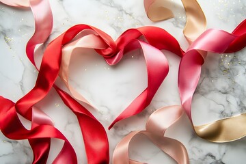red ribbon heart and pink satin ribbon create romantic decoration with love concept, valentine’s day theme and elegant background with marble texture