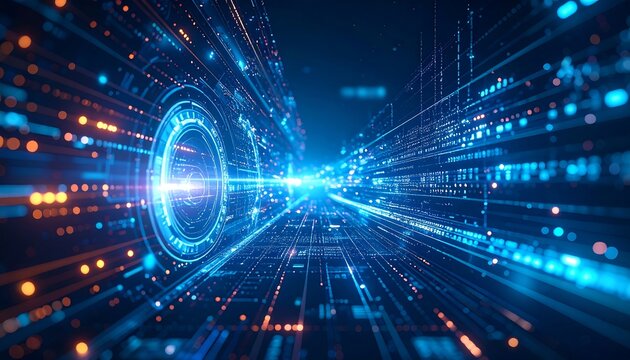 Futuristic digital landscape with glowing lines, circles, and a central bright point. Abstract representation of data flow and technology